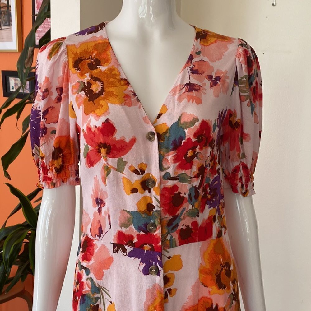 H&M Light Pink Floral Puff Sleeve Fit & Flare Mini Dress Size Small - Picture 4 of 13